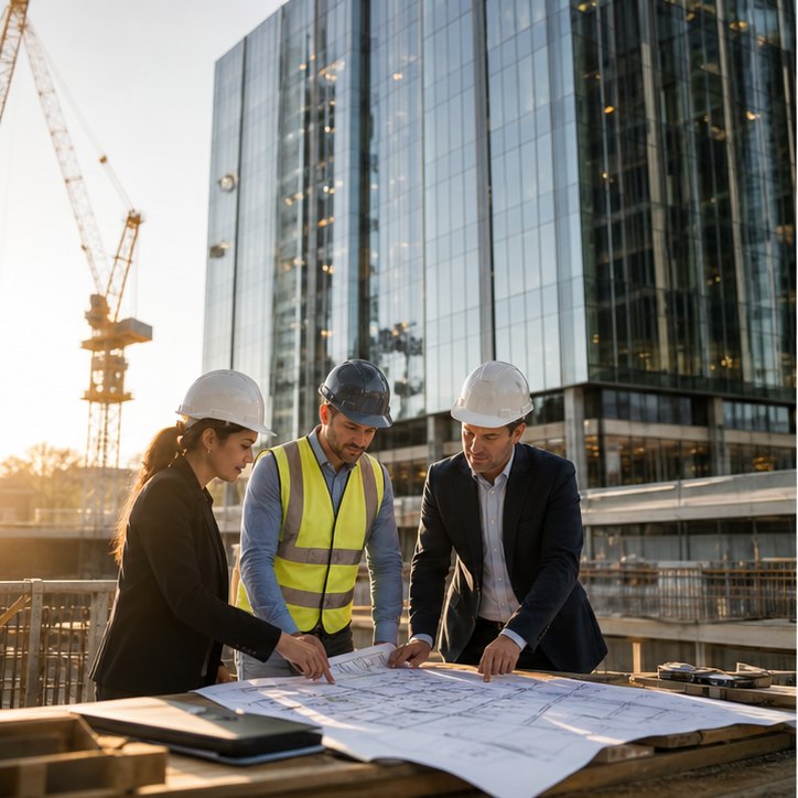 Construction project team reviewing plans at a building site